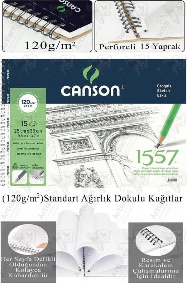 Telli Eskiz Defteri Canson 1557 25x35 cm Spiralli 15 Yaprak 1 Adet 120 gr Karakalem Sketch Resim Guaj Sulu Pastel - Image 1
