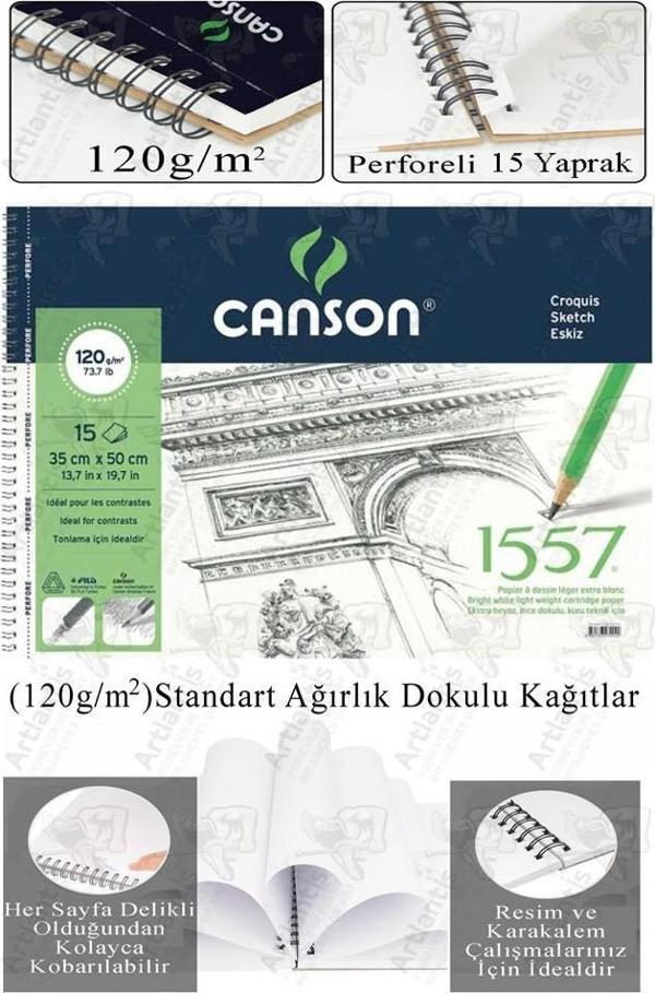 Telli Eskiz Defteri Canson 1557 35x50 cm Spiralli 15 Yaprak 1 Adet 120 gr Karakalem Sketch Resim Guaj Sulu Pastel - Image 1