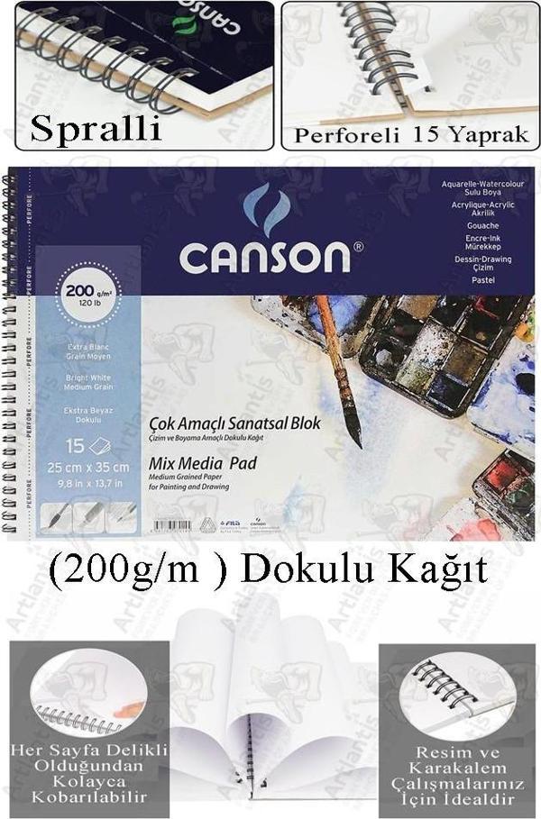 Çok Amaçlı Sanatsal Blok 25x35 cm 200 gr 15 Yaprak 1 Adet Canson Resim Defteri Akrilik Yağlı Guaj Keçeli Sulu Boya - Image 1