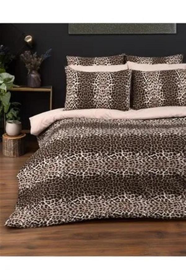 More Home Çift Kişilik Nevresim Takımı Lastikli Çarşaflı Leopar Bej Kombinli - Image 1