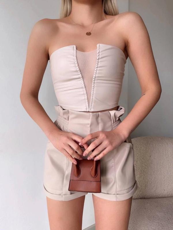 Tüllü deri crop bej w24615 - Image 1