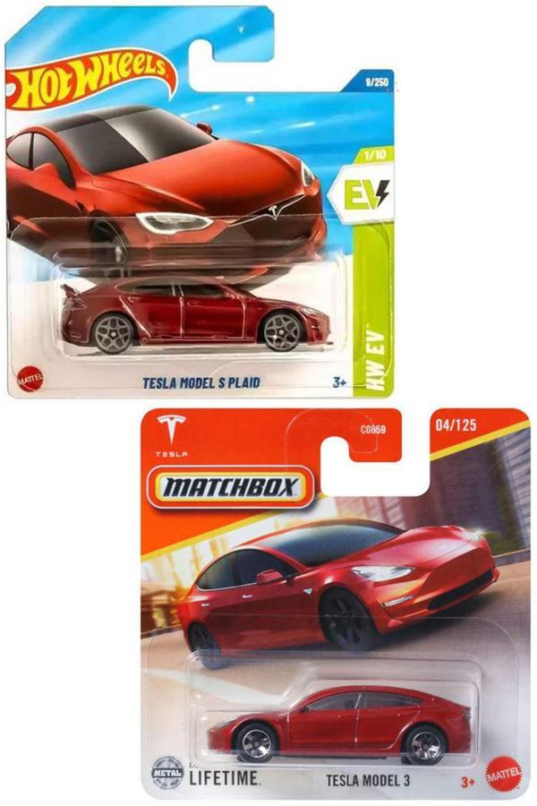2 Araç Set - Matchbox Tesla Model 3 & Hot Wheels Tesla Model S Plaid (1/64) Kırmızı - Image 1