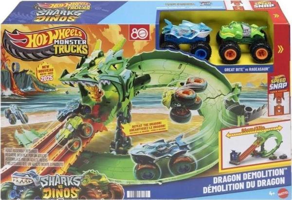 Hot Wheels Monster Trucks Sharks vs Dinos Dragon Demolition Track Set JFR06 - Image 1