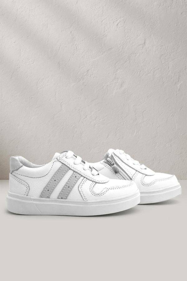 Rakerplus Hakiki Deri Beyaz Bağcıklı Fermuarlı Çocuk Sneaker Ayakkabı - Image 1