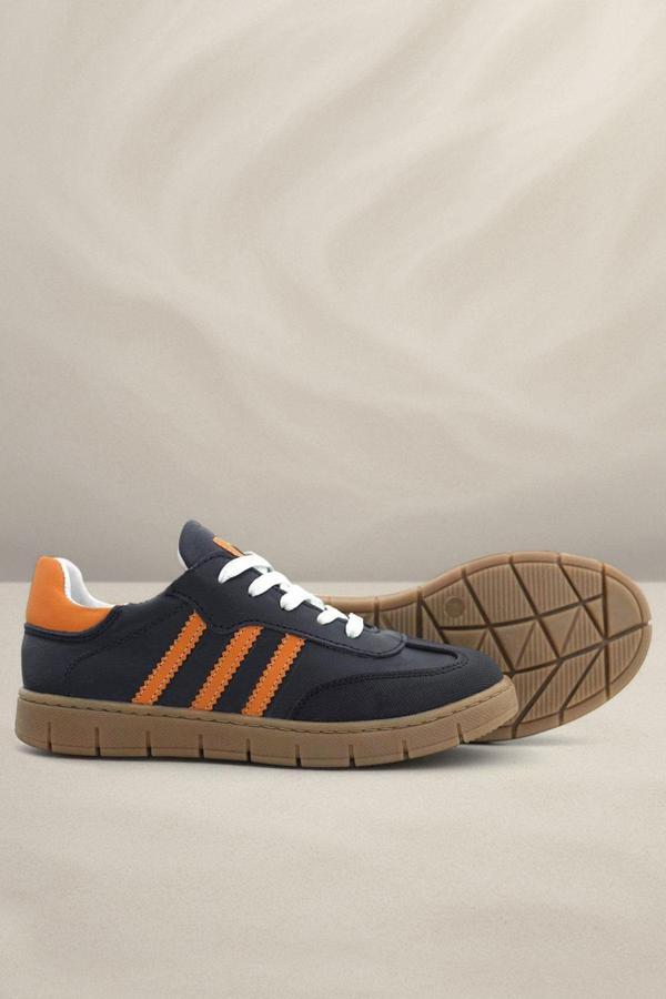Hakiki Deri Lacivert Turuncu Bağcıklı Fermuarlı Çocuk Sneakers Ayakkabı - Image 1