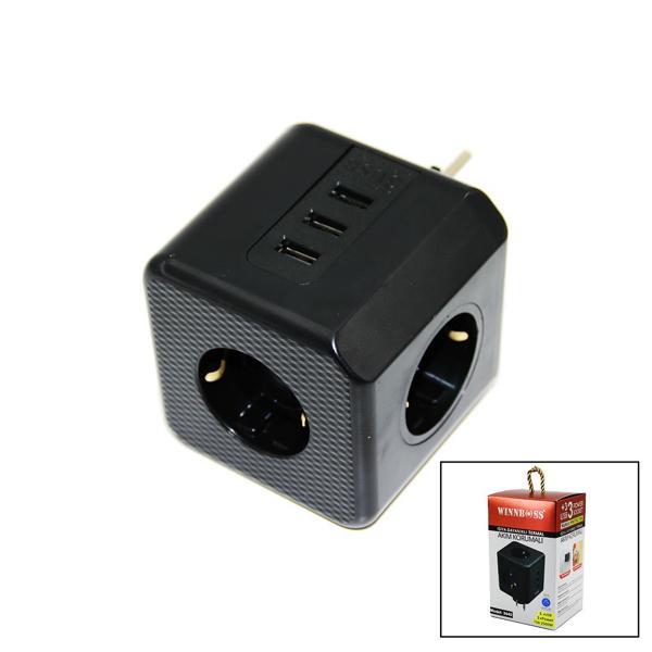TERMAL AKIM KORUMALI  3X PRİZ 3X USB DUVAR TİPİ PRİZ SİYAH 10A - 2500W (4401) - Image 1