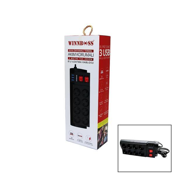 TERMAL AKIM KORUMALI 16A 8Lİ PRİZ 3XUSB 2MT ANAHTARLI UZATMA KABLO SİYAH (4401) - Image 1