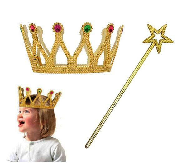 Çocuk Boy Kraliçe Prenses Tacı ve Yıldız Peri Asası Altın Renk (4401) - Image 1
