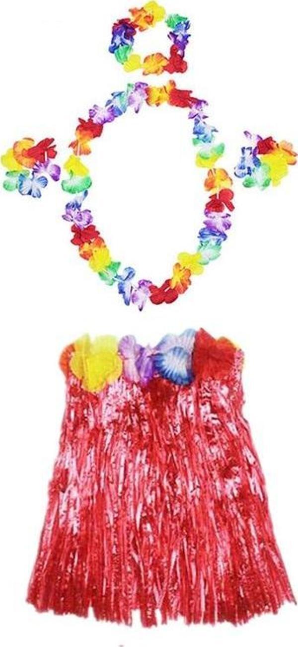 Luau Aloha Hawaii  Kolye Etek Taç ve Bileklik Seti Kırmızı (4401) - Image 1