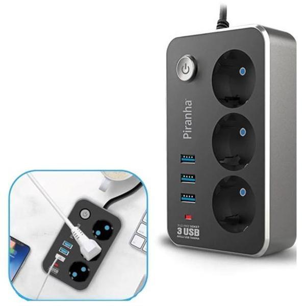 Isıya Dayanıklı Termal Akım Korumalı 2 Mt 10A 2500W 3lü Priz ve 3 Usbi 2.1A Uzatma Kablosu (4401) - Image 1