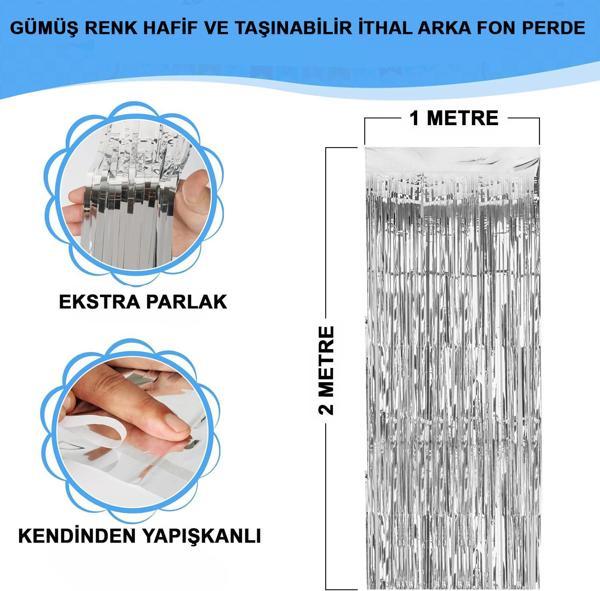Gümüş Renk Ekstra Metalize Parlak Saçaklı Arka Fon Perde İthal A Kalite 1x2 Metre (4401) - Image 1