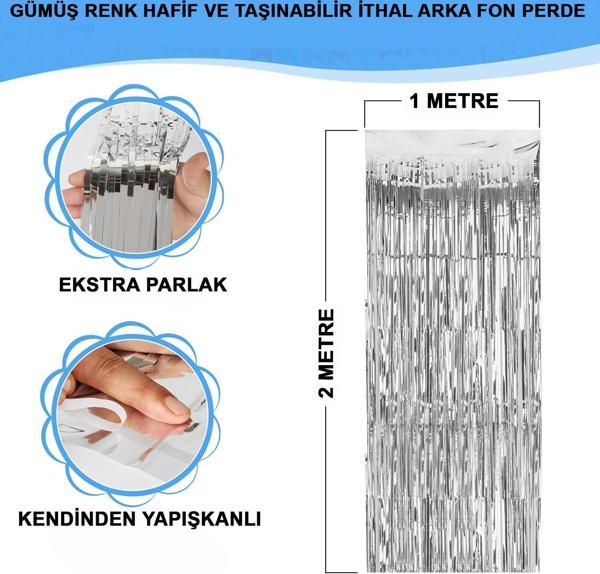 Gümüş Renk Ekstra Metalize Parlak Saçaklı Arka Fon Perde İthal A Kalite 1x2 Metre (4401) - Image 1