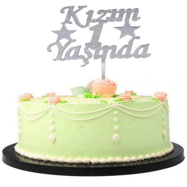 Kızım 1 Yaşında İlk Yaş Doğum Günü Partisi Pleksi Pasta Süsü Gümüş Renk (4401) - Image 1