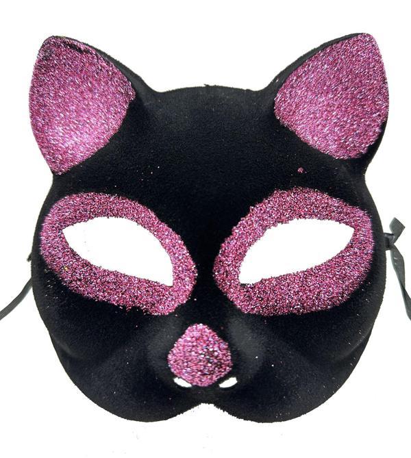 Siyah Renk Pembe Simli Süet Kaplama Kedi Maskesi 18x14 cm (4401) - Image 1