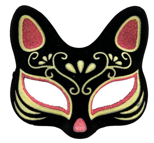 Siyah Renk Süet Kaplama Üzeri Kırmızı Sarı Simli Kedi Maskesi 17x14 cm (4401) - Image 1