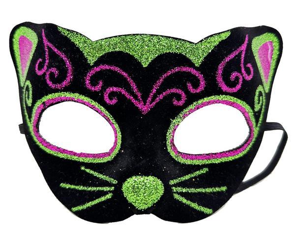 Siyah Kadife Kaplama Üzeri Pembe Yeşil Sim İşlemeli Kedi Maskesi 20x13 cm (4401) - Image 1