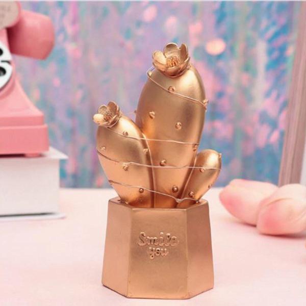 Led Işıklı Sevimli Kaktüs Dekoratif Masa Lambası Mini Biblo Gece Lambası Gold (4401) - Image 1
