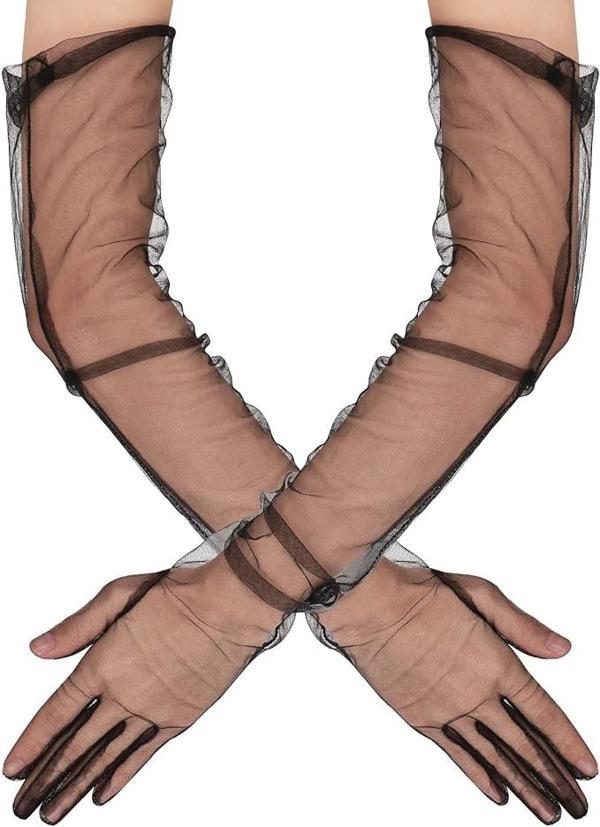 Uzun Boy Likralı Siyah Renk Yetişkin Mega Tül Eldiven 53 cm (4401) - Image 1