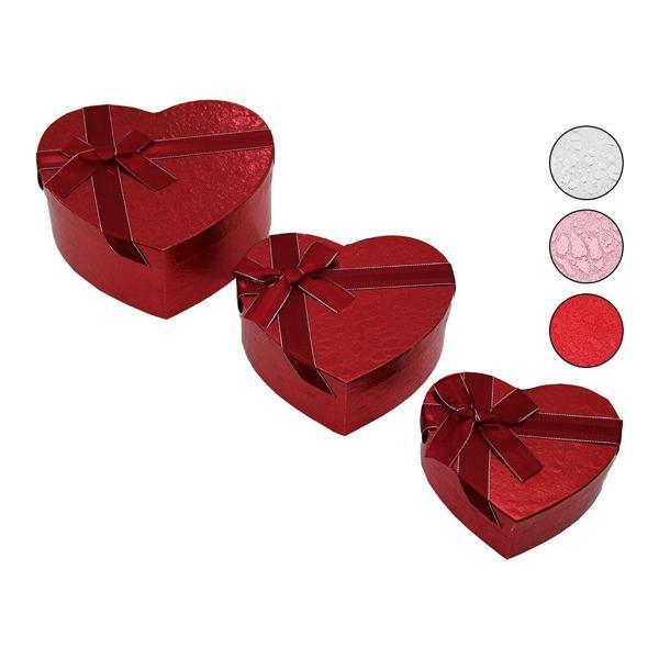 3PCS   KALP  PARLAK RENKLİ - KABARTMA DESEN KARTON HEDİYE KUTUSU KURDELALI  15-18-21CM (4401) - Image 1