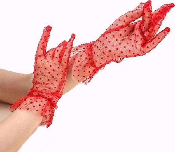 Kısa Boy Güpürlü Kırmızı Puantiyeli Tül Eldiven Kırmızı Renk (4401) - Image 1