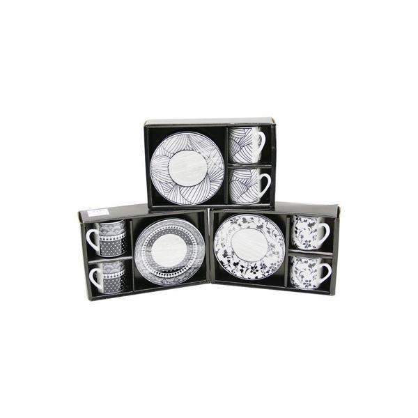 SİYAH - BEYAZ 4PCS=2-TAKIM  PORSELEN KAHVE FİNCANI  ÇİÇEK - ÇİZGİ - NOKTA MİX DESEN (4401) - Image 1