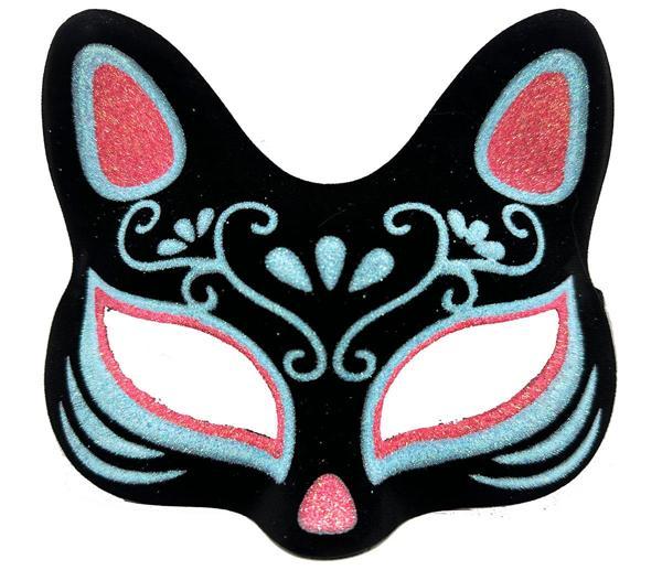 Siyah Renk Süet Kaplama Üzeri Mavi Kırmızı Simli Kedi Maskesi 17x14 cm (4401) - Image 1