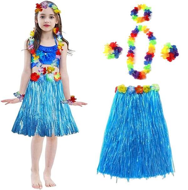Yetişkin ve Çocuk Uyumlu Hawaii Luau Aloha Mavi Püsküllü Etek Kolye Taç ve 2 Adet Bileklik Seti (4401) - Image 1