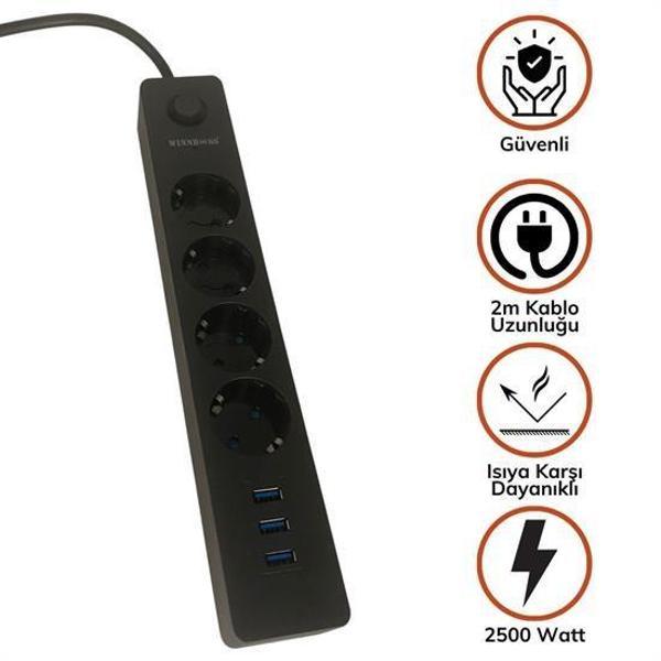 Termak Akım Korumalı 4 Priz 3 USB Girişli Uzatma Kablosu Güç ve Şarj SİYAH RENK GÖNDERİLİR (4401) - Image 1