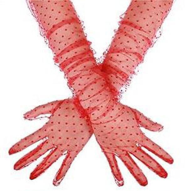Uzun Boy Kırmızı Puantiyeli Kırmızı Renk Yetişkin Tül Eldiven 55 cm (4401) - Image 1