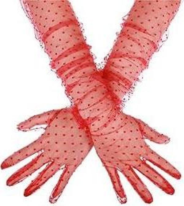 Uzun Boy Kırmızı Puantiyeli Kırmızı Renk Yetişkin Tül Eldiven 55 cm (4401) - Image 1
