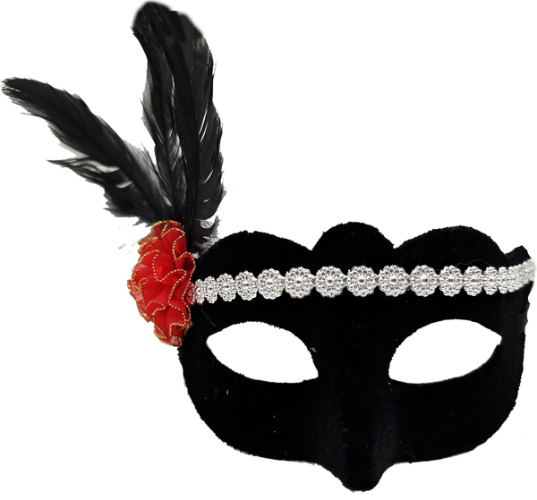 Siyah Renk Süet Kaplama Gümüş Dantelli Kırmızı Gül Tasarımlı Parti Maskesi 18x20 cm (4401) - Image 1