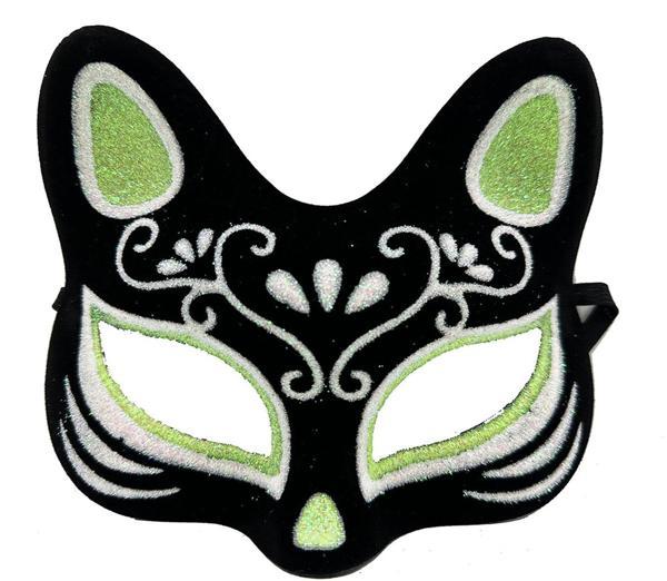 Siyah Renk Süet Kaplama Üzeri Gümüş Yeşil Simli Kedi Maskesi 17x14 cm (4401) - Image 1