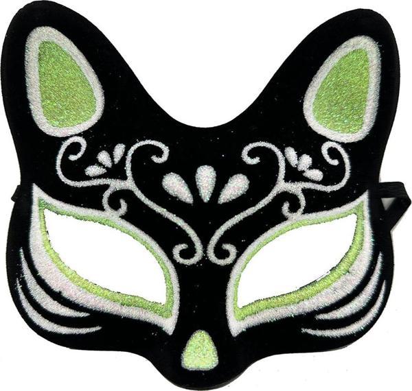 Siyah Renk Süet Kaplama Üzeri Gümüş Yeşil Simli Kedi Maskesi 17x14 cm (4401) - Image 1