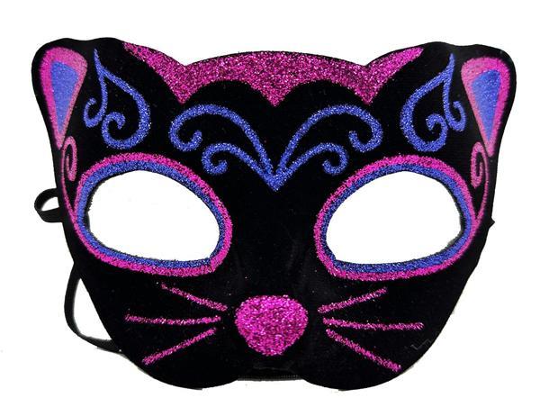 Siyah Kadife Kaplama Üzeri Pembe Mavi Sim İşlemeli Kedi Maskesi 20x13 cm (4401) - Image 1