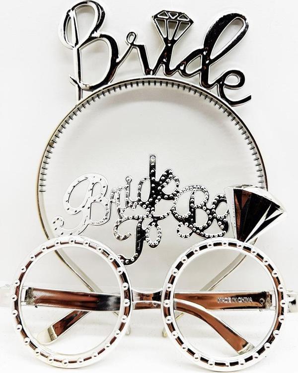Bride Yazılı Taç ve Bride To Be Yazılı Gözlük Seti Gümüş Renk (4401) - Image 1