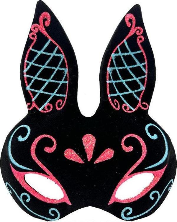 Siyah Renk Mavi Kırmızı Simli Siyah Süet Kaplama Tavşan Maskesi 18x16 cm (4401) - Image 1