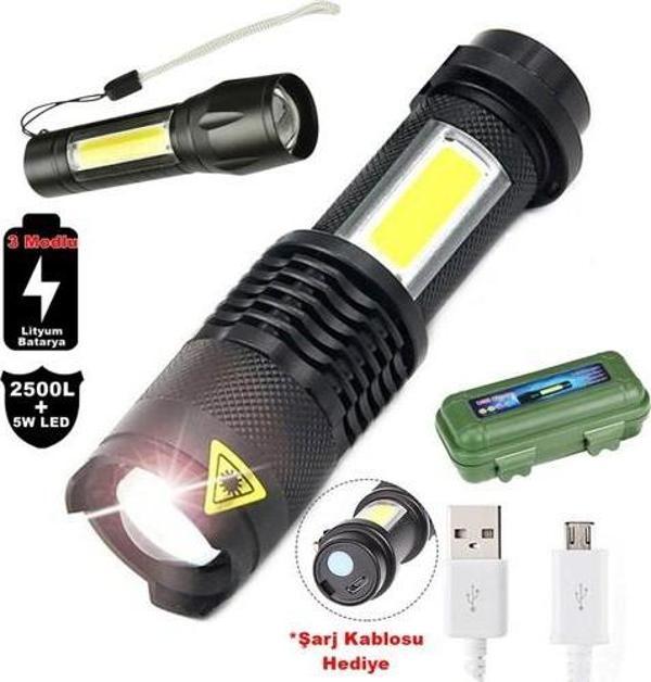 2500 Lumens + 5W COB LED USB Lion Şarjlı Ultra Güçlü Q5 XPE Su Geçirmez Şarjlı El Feneri (4401) - Image 1