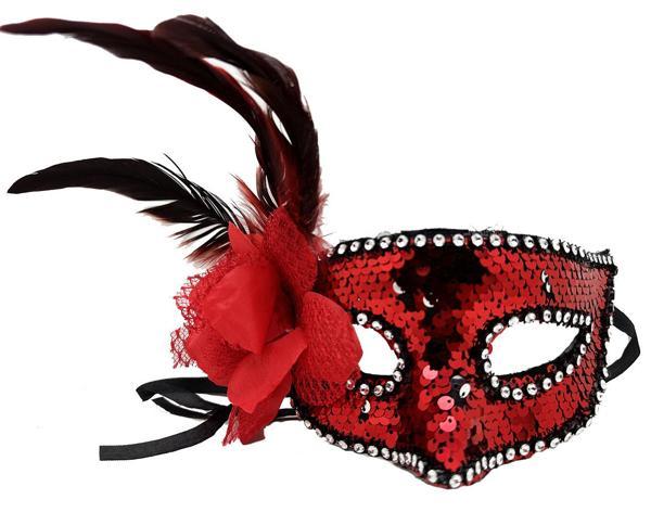 Kırmızı Renk Yandan Tüylü Güllü Gümüş Taşlı Pullu Maske 20x22 cm (4401) - Image 1