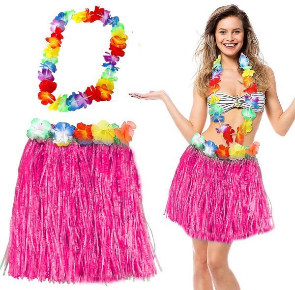 Hawaii Luau Aloha Pembe Püsküllü 40 cm Etek ve Hawaii Kolye Seti (4401) - Image 1