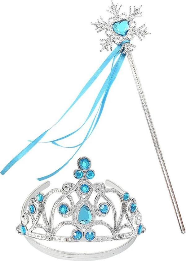 Mavi Taşlı Elsa Çocuk Taç ve Kar Temalı Kurdeleli Elsa Asası Sopası (4401) - Image 1