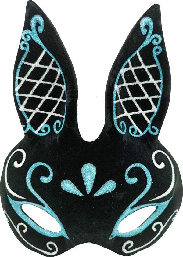 Siyah Renk Mavi Beyaz Simli Siyah Süet Kaplama Tavşan Maskesi 18x16 cm (4401) - Image 1