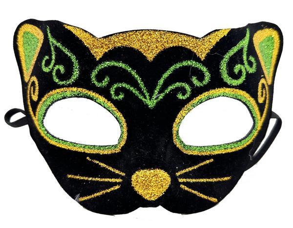 Siyah Kadife Kaplama Üzeri Sarı Yeşil Sim İşlemeli Kedi Maskesi 20x13 cm (4401) - Image 1