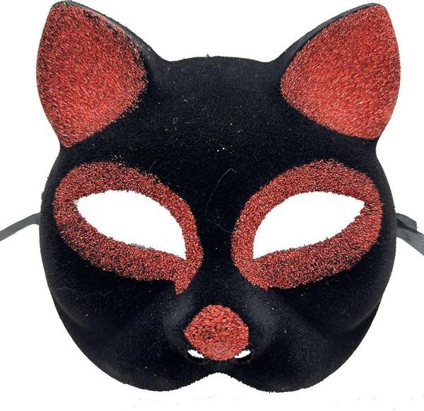 Siyah Renk Kırmızı Simli Süet Kaplama Kedi Maskesi 18x14 cm (4401) - Image 1