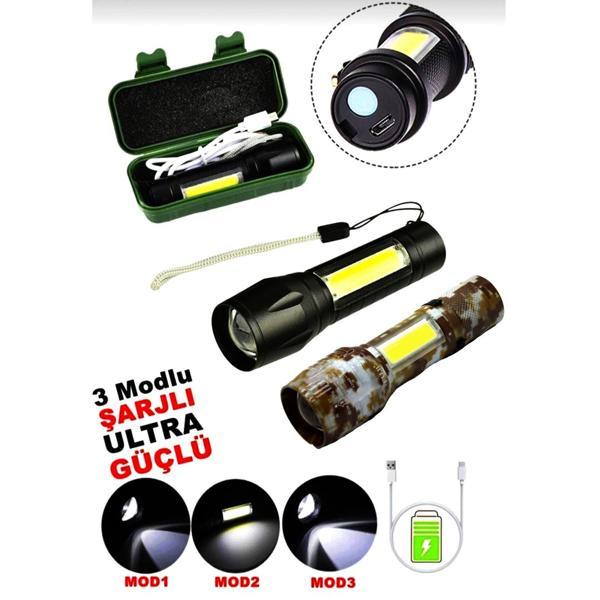 USB CHARGE 2İN13W+1W USB ŞARJLI LEDLİ POLİS EL FENERİ METAL KASA PLS.KUTU (4401) - Image 1