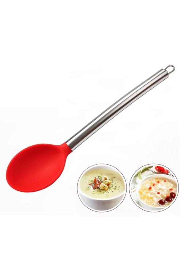 Real Silikon Kaşık Paslanmaz Saplı Servis Kaşığı Kırmızı 34 Cm - Image 1