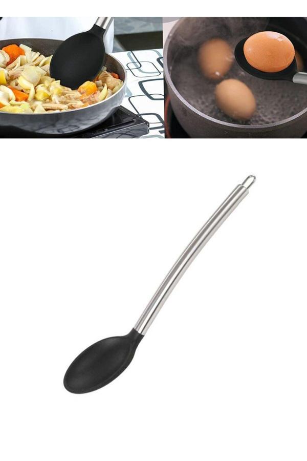 Real Silikon Kaşık Paslanmaz Saplı Servis Kaşığı Siyah 34 Cm - Image 1
