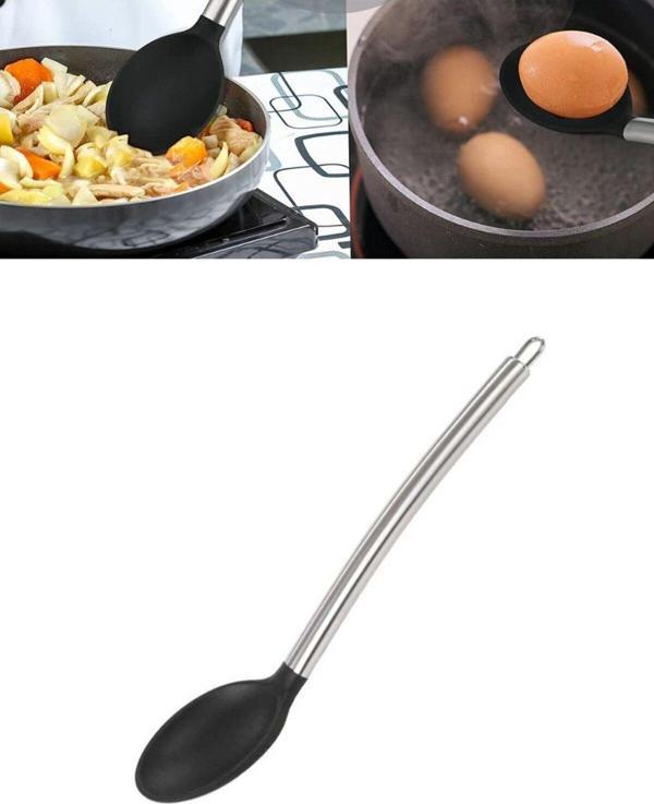 Real Silikon Kaşık Paslanmaz Saplı Servis Kaşığı Siyah 34 Cm - Image 1
