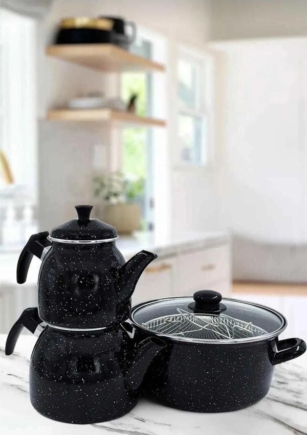 Altunhome Emaye Çaydanlık Ve 22 Cm Kızartma Tenceresi Seti Midnight Dalmaçya  Taş Ev - Image 1