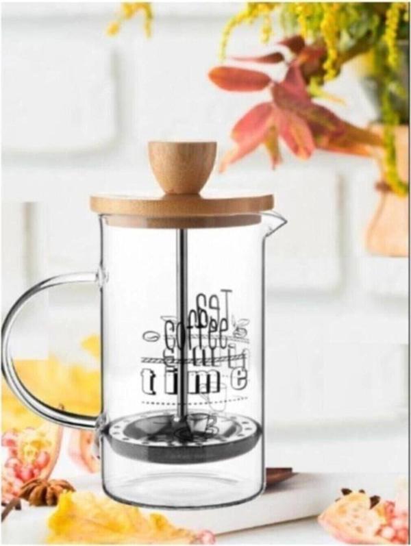Happy Kitchen Bambu Kapaklı Borasilikat Cam 600 Ml Desenli French Press /600Ml - Image 1