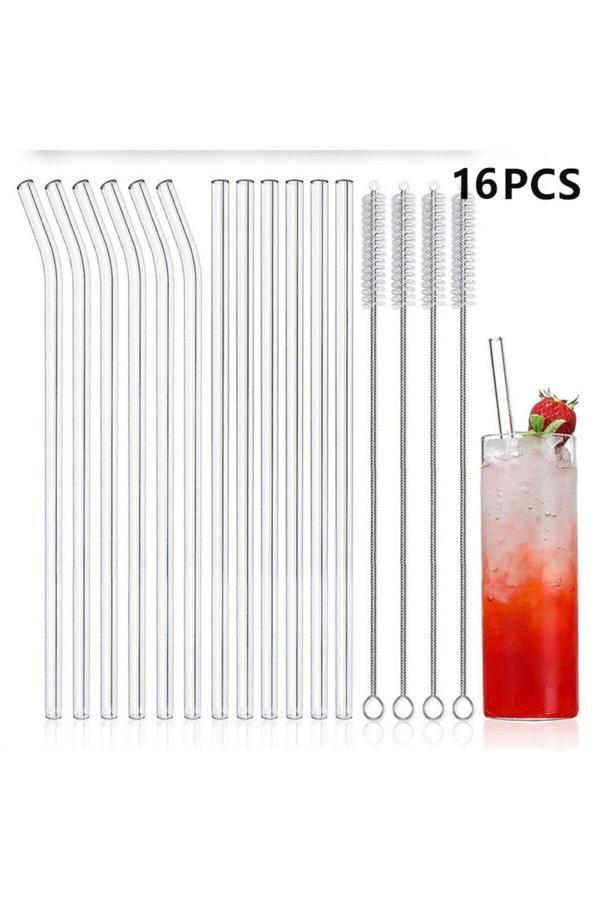Choice 14Pcs/Set Reusable Glass Straws Clear Smooth Glass Drinking Straw 6 Straight And 6 Bent With 2 Cl... - Image 1